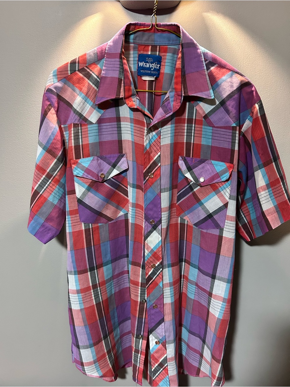 90’s vintage Wrangler Men’s Short Sleeve Plaid Shirt in Purple, Red, Teal